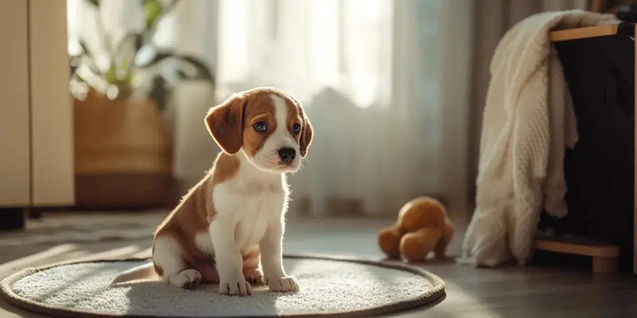 Un chiot adorable assis sur un tapis, se demandant à quel âge un chien est propre.