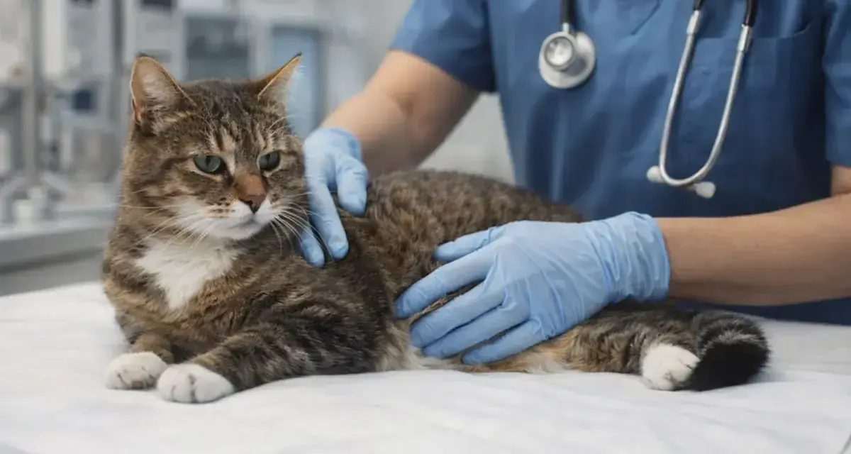 Un vétérinaire examine un chat, suggérant une discussion sur l'alimentation maison pour un chien en insuffisance rénale.