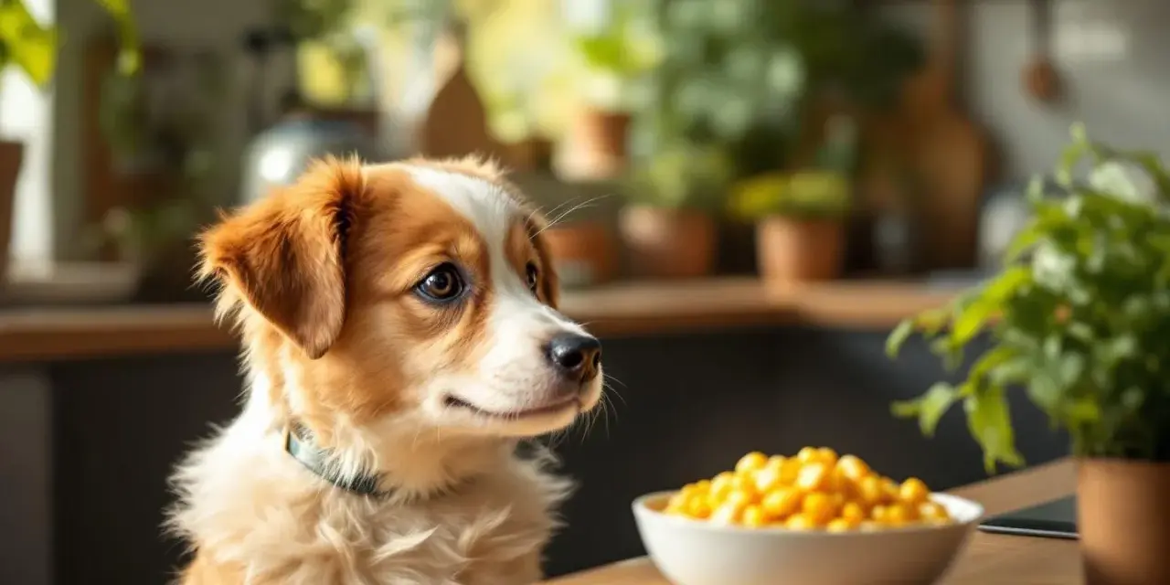 Un adorable chiot aux poils roux et blancs regarde avec envie un bol de maïs. Ce cher mais chien attend patiemment sa friandise.