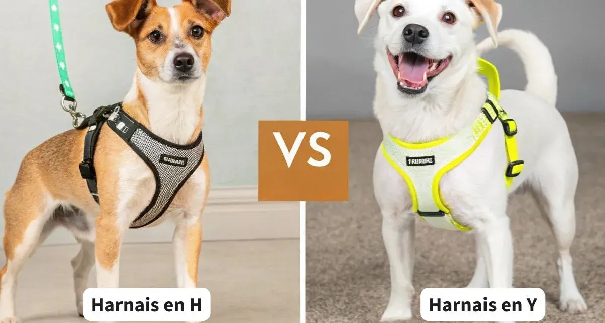 Chien brun et blanc avec un harnais en H, face à un chien blanc souriant portant un harnais en Y.
