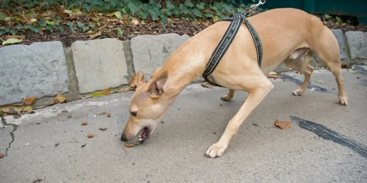 Un chien brun, en laisse, renifle des croquettes sur le trottoir. Il semble chercher un trésor, peut-être une moutarde chien cachée.