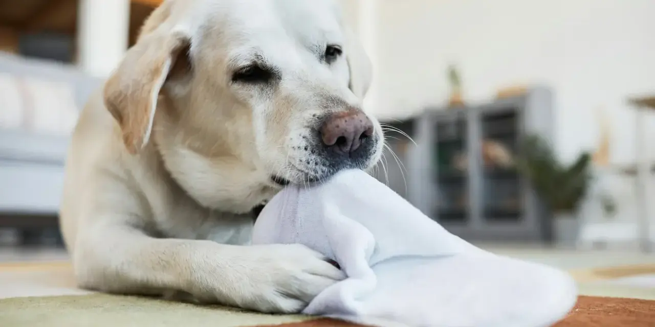 Un labrador blanc mordille une chaussette blanche, peut-être un signe de syndrome de pica.