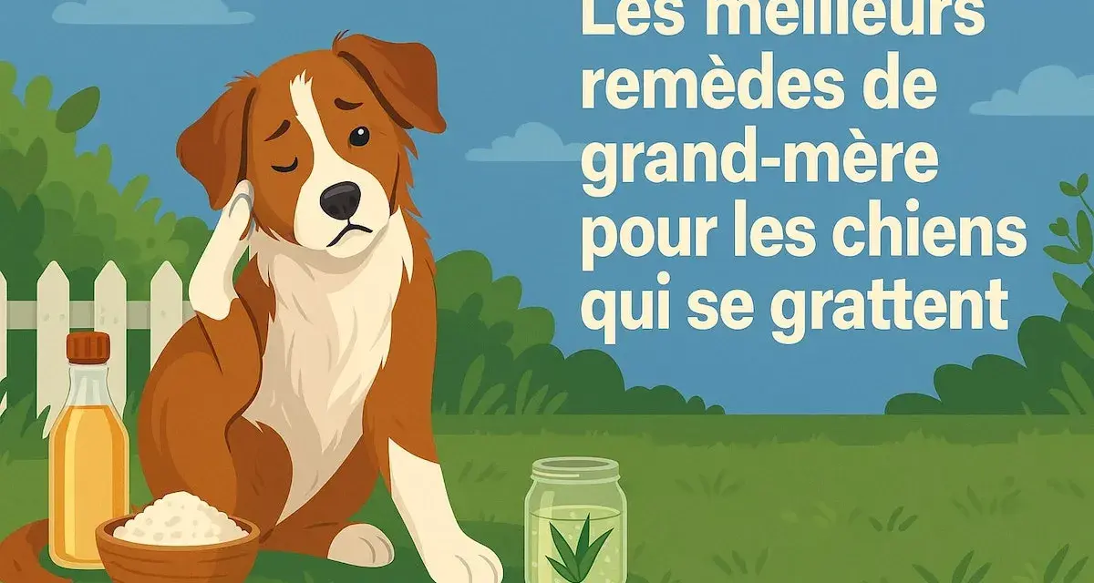Un chien se gratte l'oreille, l'air contrarié. À côté, une bouteille d'huile, un bol de poudre et un bocal avec des herbes. Les meilleurs remèdes de grand-mère pour les chiens qui se grattent.