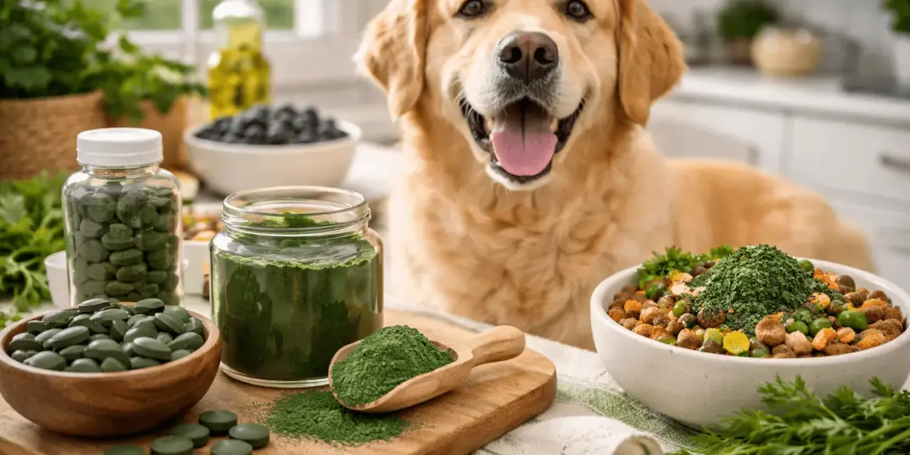Un golden retriever heureux regarde des bols de nourriture pour chien, des comprimés et de la poudre de spiruline, suggérant une alimentation saine pour votre chien.