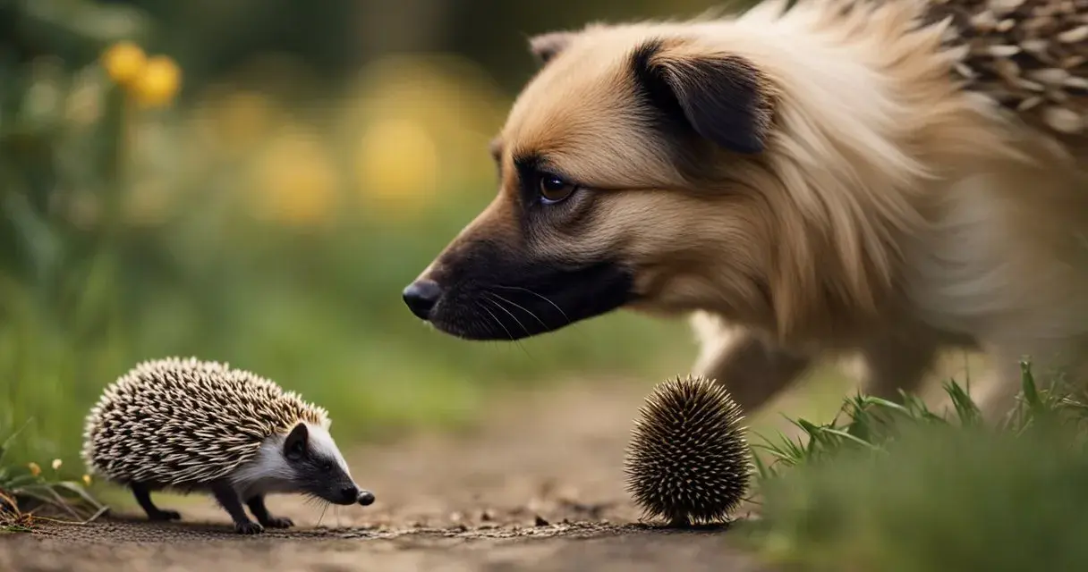 Un chien curieux observe un hérisson sur un chemin. Le hérisson, petit et épineux, semble intrigué par le grand canidé.