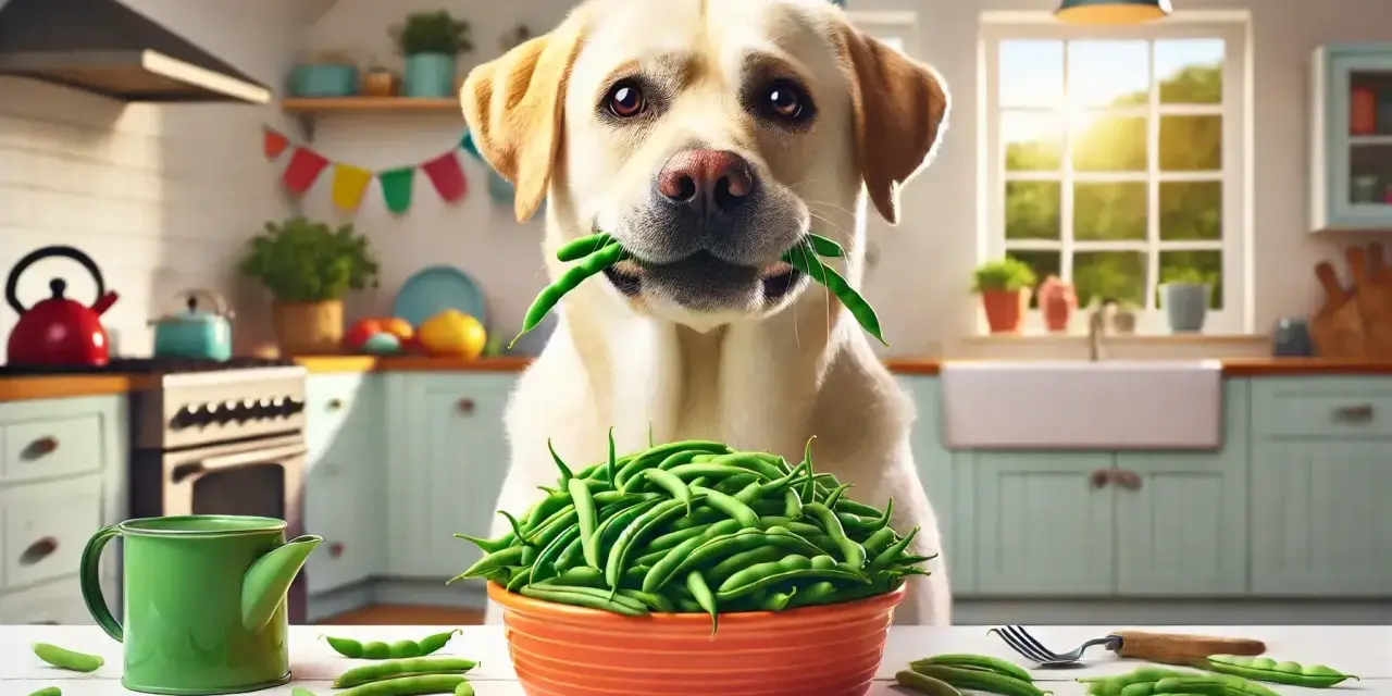 Un chien labrador tient des haricots verts dans sa gueule, devant un bol rempli de haricots verts.