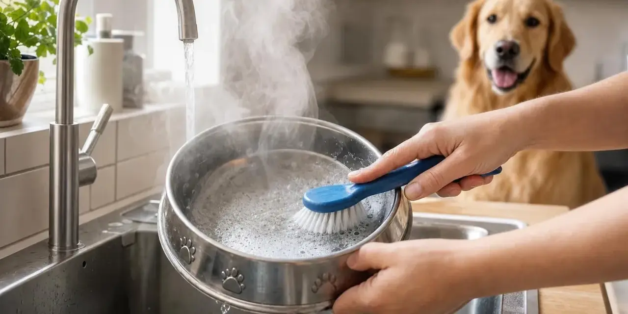 Nettoyage d'une gamelle d'eau de voyage pour chien, sous un robinet d'eau chaude. Un Golden Retriever attend patiemment.