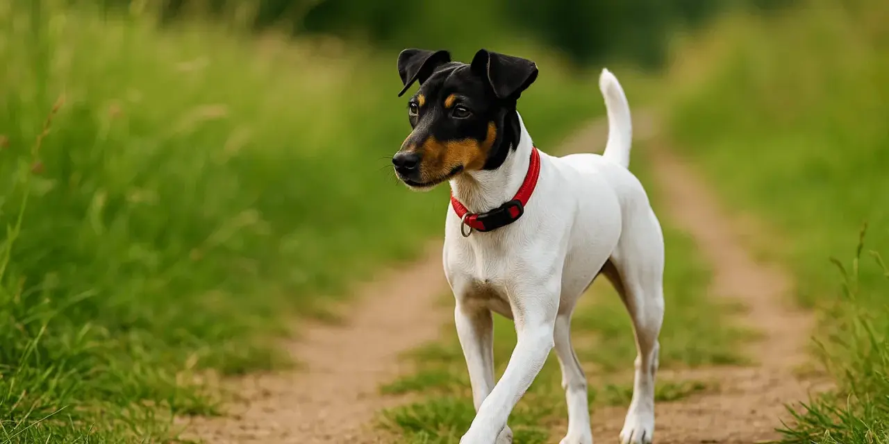 Un petit chien blanc et noir, portant un collier rouge, se promène sur un sentier. Il semble explorer son environnement, peut-être en attendant de retrouver sa crèche pour chien.