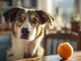Un chien regarde un abricot sur une table en bois, attendant peut-être une friandise.