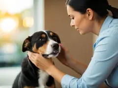 Une femme caresse un chien qui couine doucement, le soleil brille en arrière-plan.