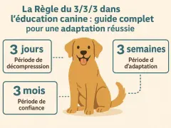 Un chien heureux illustre la règle du 3/3/3 pour l'éducation canine : 3 jours de décompression, 3 semaines d'adaptation, 3 mois de confiance.