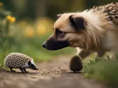 Un chien curieux observe un hérisson sur un chemin. Le hérisson, petit et épineux, semble intrigué par le grand canidé.