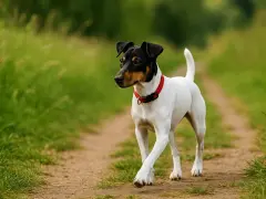 Un petit chien blanc et noir, portant un collier rouge, se promène sur un sentier. Il semble explorer son environnement, peut-être en attendant de retrouver sa crèche pour chien.