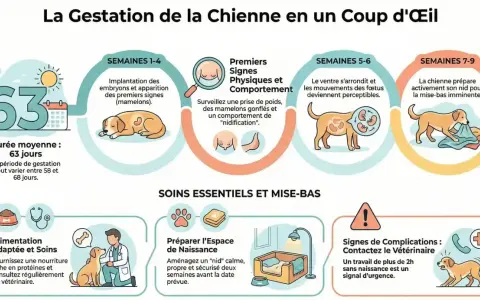 La gestation chien dure 63 jours en moyenne. L'image détaille les étapes, les signes physiques et les soins essentiels pour la chienne gestante.
