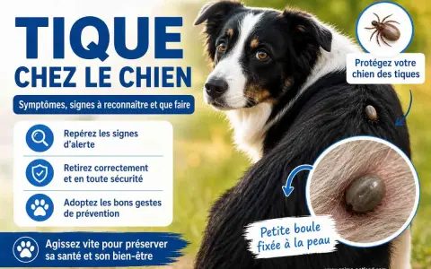 Un chien avec une mini tique fixée à sa peau. L'image explique comment reconnaître et retirer les tiques pour protéger votre animal.