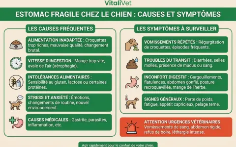 Infographie sur l'estomac fragile du chien : causes (alimentation, stress, etc.) et symptômes (vomissements, troubles du transit). Attention aux urgences vétérinaires.