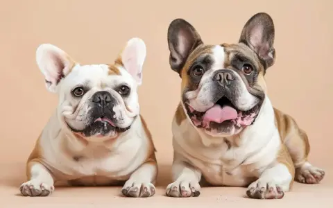 Deux adorables chiens brachycéphales, un blanc et fauve, l'autre tricolore, posent ensemble, leurs grandes oreilles dressées et leurs visages expressifs.