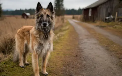 Un magnifique berger belge, au pelage fauve et gris, se tient fièrement sur un chemin de terre. Derrière lui, une grange rustique et des champs dorés évoquent la campagne.