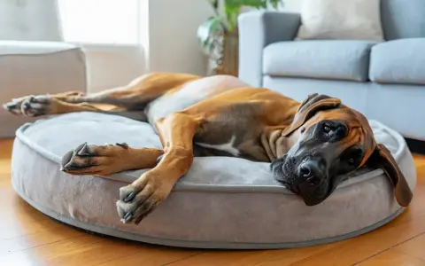 Un grand chien brun se repose sur un panier moelleux. La taille du panier est parfaite pour qu'il s'étire confortablement.