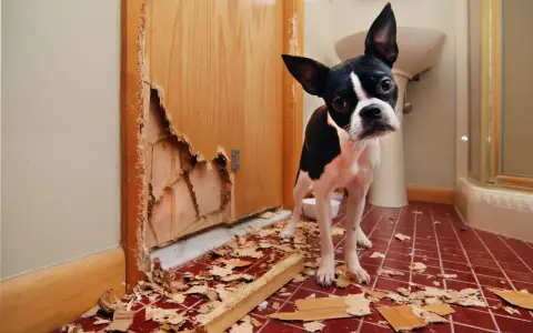 Un chien destructeur que faire ? Ce Boston Terrier a visiblement fait des siennes, laissant une porte éventrée et des débris partout.