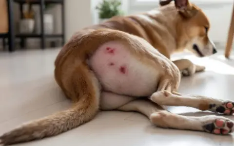 Une chienne se repose, montrant des rougeurs sur son flanc. La chaleur semble l'incommoder.