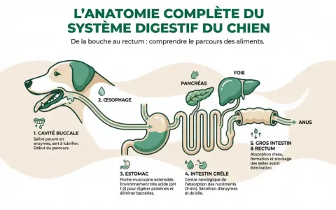 Schéma du système digestif du chien, de la cavité buccale à l'anus, expliquant le parcours des aliments. Comprend l'estomac, l'intestin grêle, le foie, le pancréas et le gros intestin.
