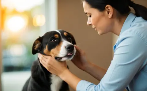 Une femme caresse un chien qui couine doucement, le soleil brille en arrière-plan.