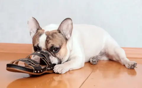 Un bouledogue français, ce chien qui mâchouille tout le temps, est allongé sur le sol en bois, la tête posée sur une sandale noire.
