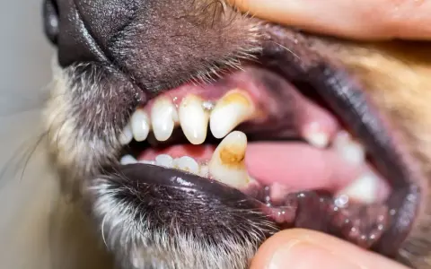 Dents jaunies et abîmées d'un chien, signe d'un danger potentiel pour sa santé, peut-être lié à des jouets comme un Benebone.