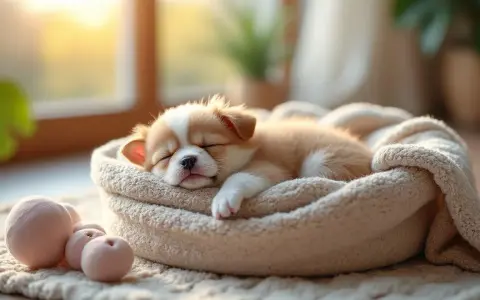 Un adorable chiot de 2 mois profite d'un profond temps sommeil, blotti dans son panier douillet, bercé par la lumière du soleil.