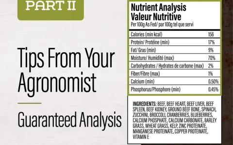 Analyse nutritive d'un aliment pour animaux, indiquant 17% de protéine brute, avec des conseils d'agronome.