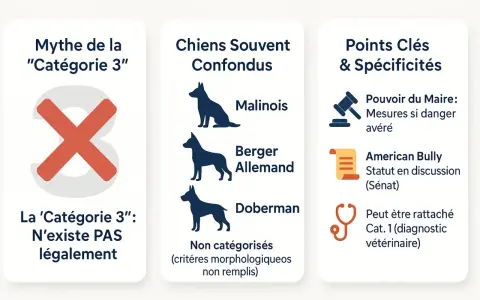 Le malinois, souvent confondu, n'est pas légalement en "Catégorie 3". L'image clarifie les mythes et les spécificités.