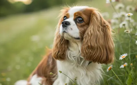 Un adorable chien longue oreille, au pelage brun et blanc, est assis dans un champ de marguerites, le regard plein de douceur.