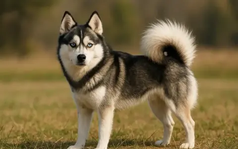 Un Pomsky aux yeux bleus perçants, le poil épais et la queue en panache, incarne le caractère joueur et curieux de sa race.