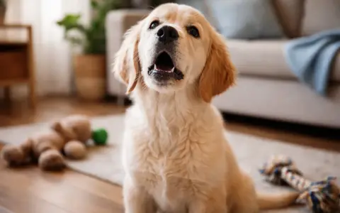 Un adorable chiot golden retriever, avec sa gueule ouverte, semble faire un petit bruit de chiot. Des jouets sont éparpillés autour de lui.