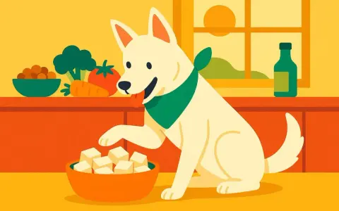 Un chien blanc avec un foulard vert prend un cube de yaourt de soja dans un bol. Des légumes sont sur le comptoir.