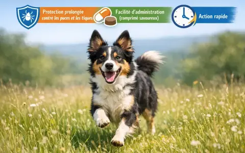 Un berger australien joyeux court dans un champ fleuri, protégé par Bravecto.