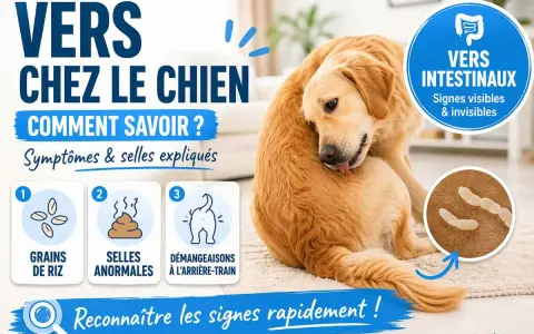 Un chien golden retriever se lèche le flanc, l'image explique les signes de vers chez le chien : grains de riz, selles anormales, démangeaisons.