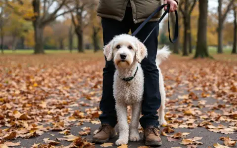 Un chien blanc et doux profite d'une promenade dans un parc automnal, entouré de feuilles tombées.