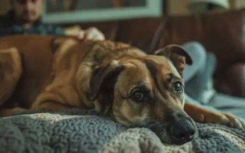 Un chien brun repose sur une couverture, l'air triste. Son maître est derrière lui. Mon chien à perdu son compagnon que faire ?