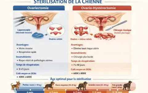 Comparaison des méthodes de stérilisation canine : ovariectomie et ovario-hystérectomie. Illustration des procédures, avantages, inconvénients et âge idéal pour la reproduction.