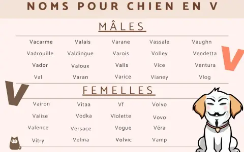 Liste de prénoms pour chien en V, mâles et femelles. Un chiot porte un masque de Guy Fawkes.
