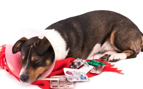 Chien malade, portant une collerette, entouré de médicaments et d'un thermomètre. Il pourrait souffrir d'une obstruction intestinale chien.