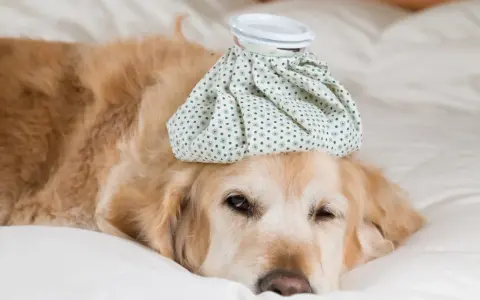 Un golden retriever malade, avec une poche de glace sur la tête, se repose. Combien de temps dure un rhume chez le chien ?