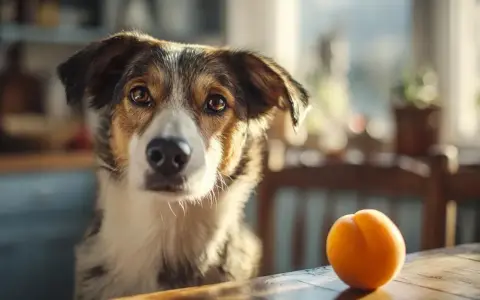 Un chien regarde un abricot sur une table en bois, attendant peut-être une friandise.