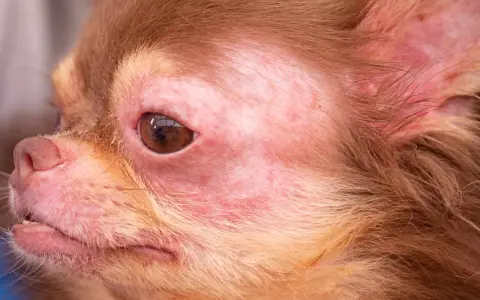 Visage de chien chihuahua avec une peau rouge et irritée autour des yeux et du museau. Peut-on devenir allergique au chien du jour au lendemain ?