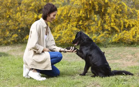 Une femme accroupie félicite son chien noir pour son obéissance. Le chien lui donne la patte, souriant.