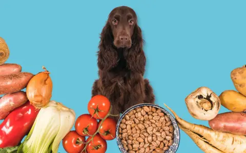 Un chien brun entouré de légumes frais et de haricots, prêts pour une alimentation saine.