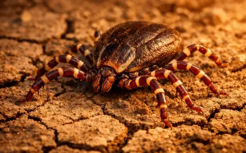 Gros plan sur une tique géante aux pattes rayées, rampant sur un sol craquelé et sec.