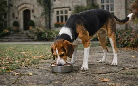 Chien tricolore savoure sa gamelle, peut-être enrichie de graisse de canard pour chien, devant un manoir.